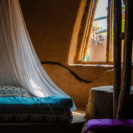 Interiors of earth themed earthen cottage at Vinyasa Earth Jaipur Rajasthan